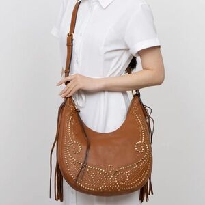 Michael Kors Rhea Leather Fringe Studded WESTERN Handbag